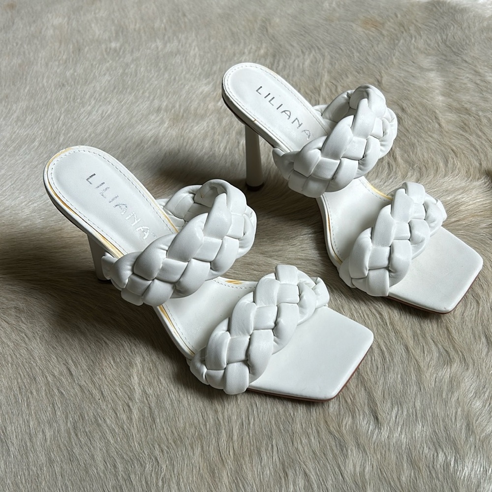 LILIANA white THICK BRAIDED sandal heel SIZE 7.5